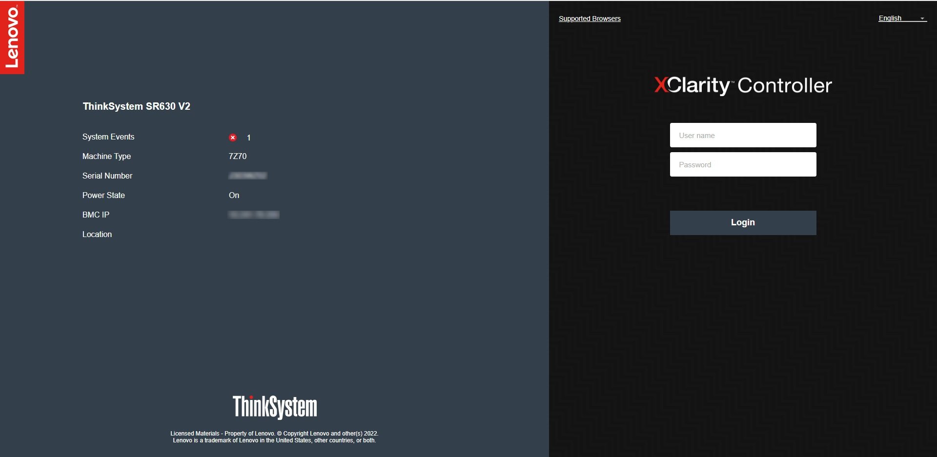 Lenovo XClarity Controller login screen on a ThinkSystem SR630 V2
