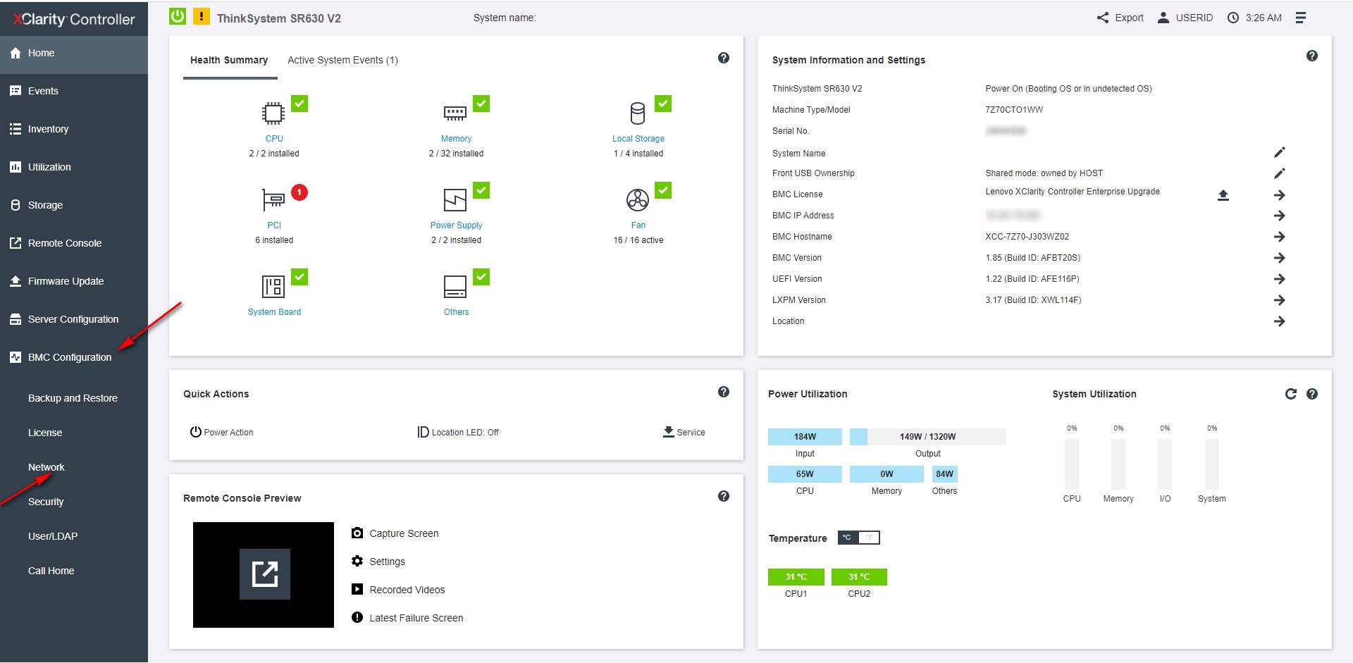 Lenovo XCC dashboard with BMC Configuration and Network highlighted