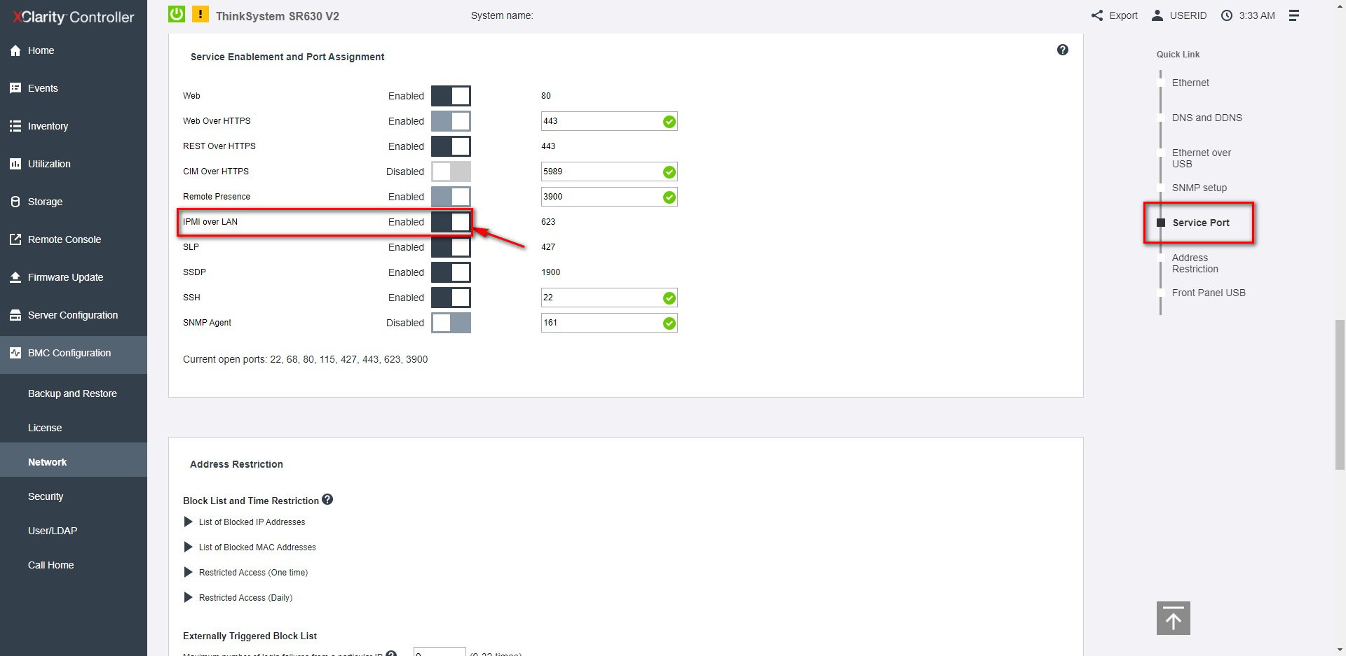 Lenovo XCC Service Enablement showing IPMI over LAN enabled on port 623