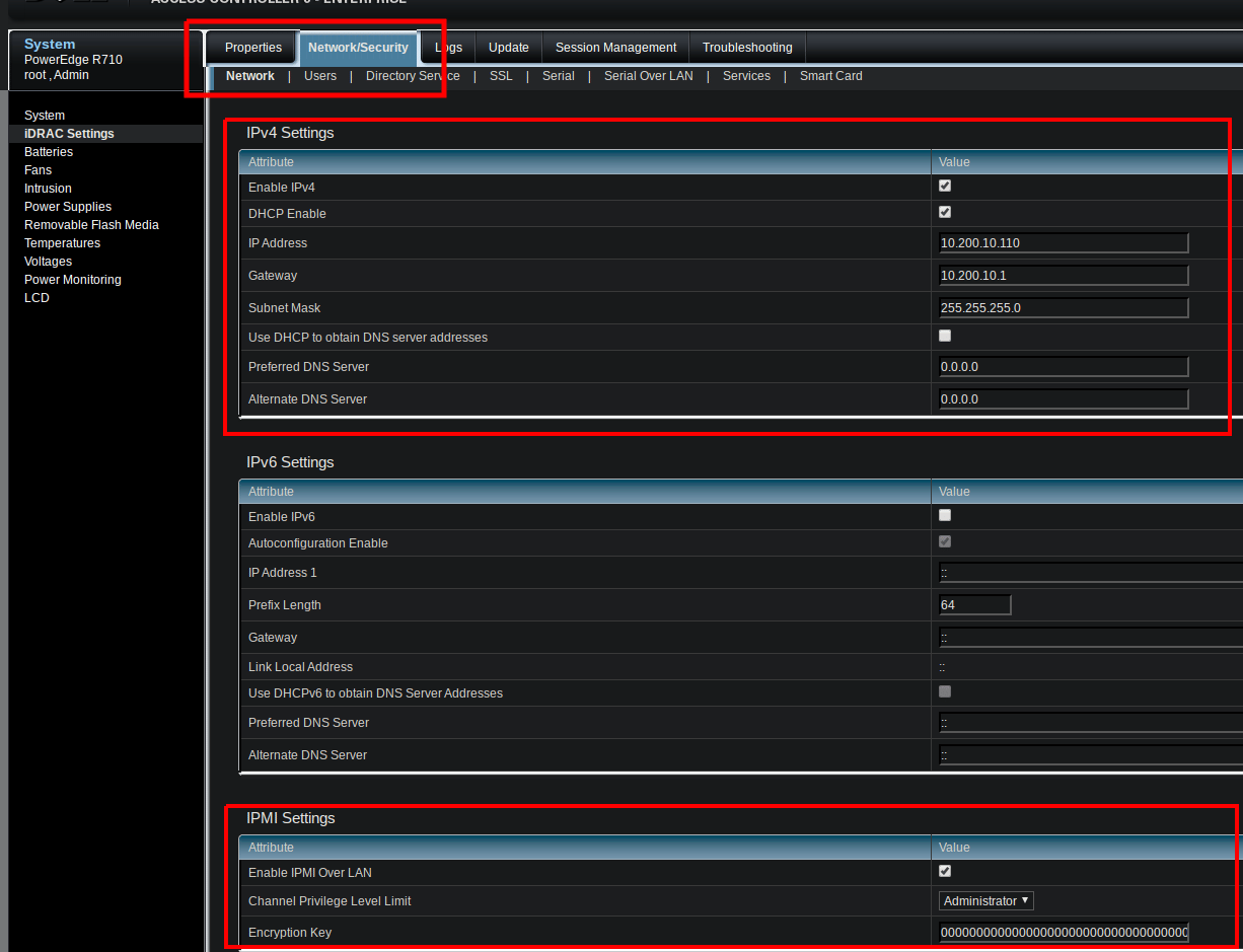 iDRAC IPMI Settings panel showing Enable IPMI Over LAN enabled