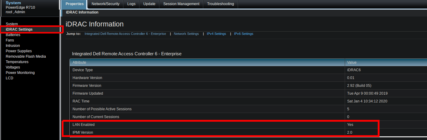 iDRAC Information page showing LAN Enabled Yes and IPMI Version 2.0