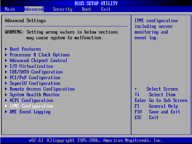 Supermicro BIOS Advanced settings menu