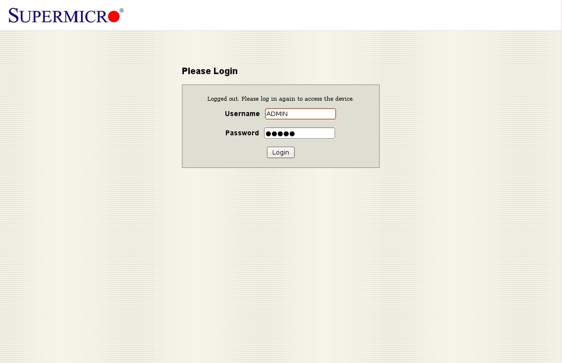 Supermicro BMC web interface login screen
