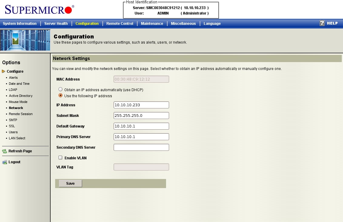 Supermicro Network Settings page with static IP configuration