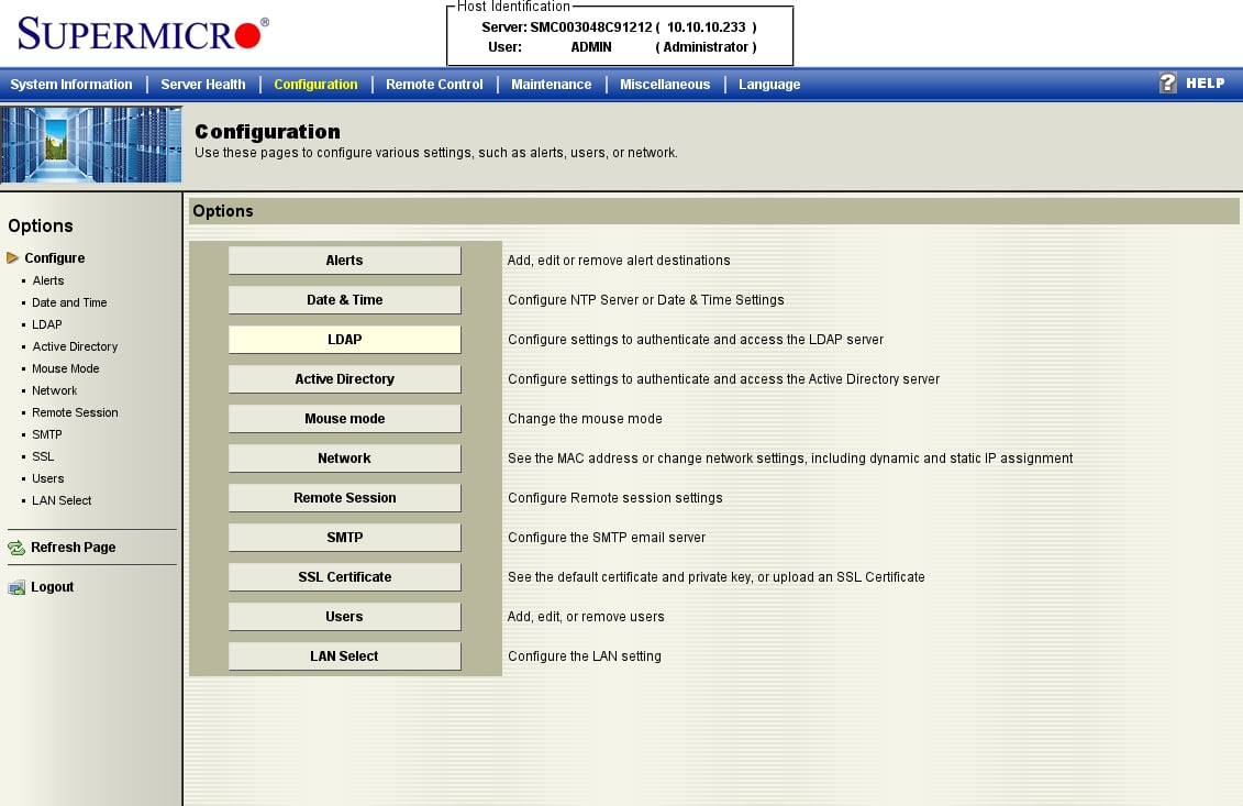 Supermicro Configuration options menu