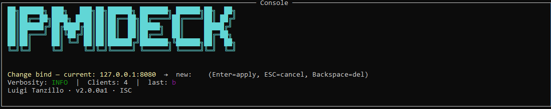 The change-bind editor showing the current bind address and an empty new field with apply, cancel, and delete key hints