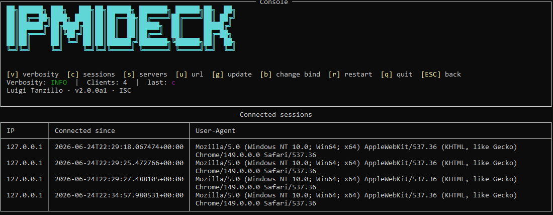Connected sessions table showing IP, Connected since, and User-Agent columns
