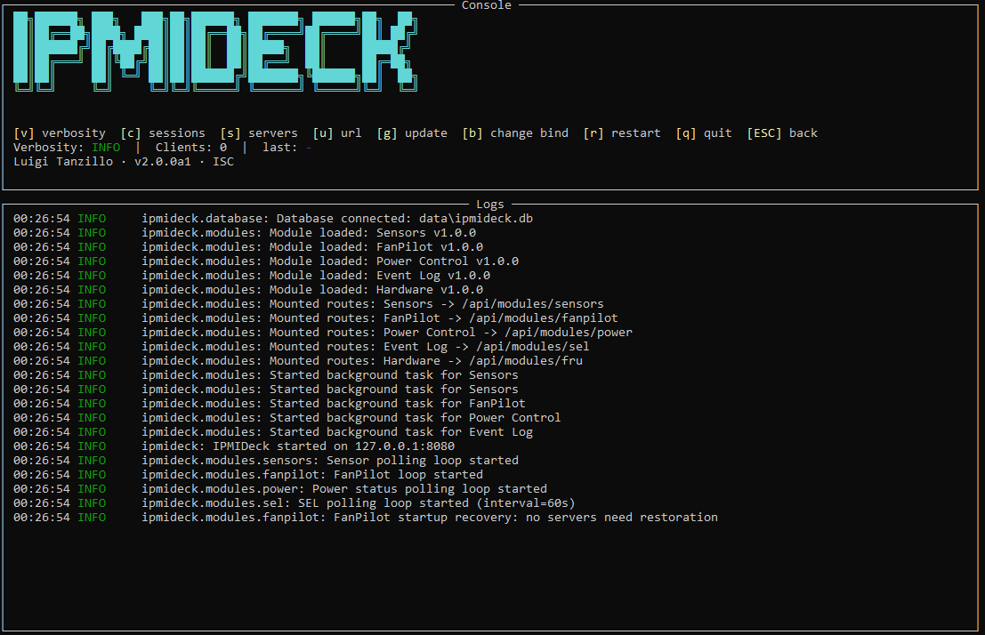 ipmideck interactive console showing the banner, help bar, status line, and the scrolling log panel