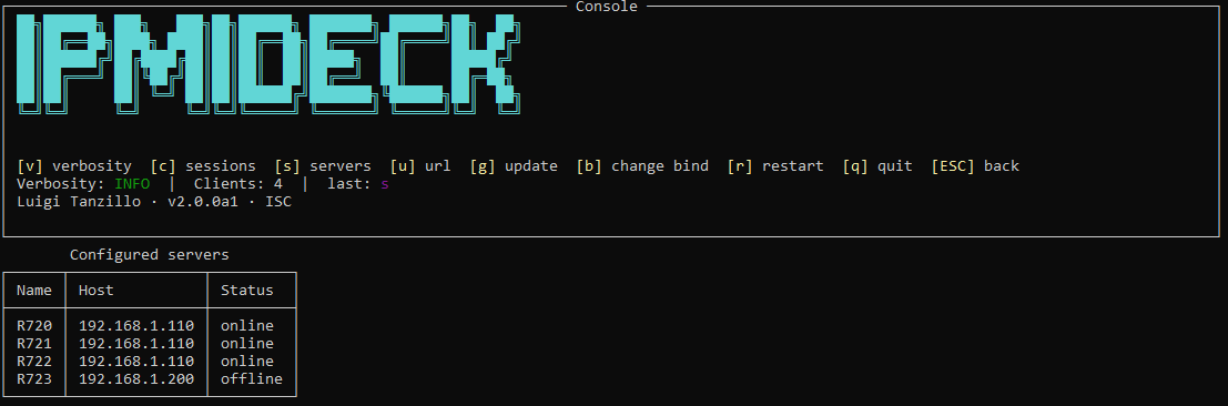 Configured servers table showing Name, Host, and Status columns with online and offline servers