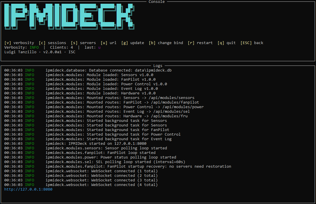 The console log with the dashboard URL printed at the bottom after pressing u