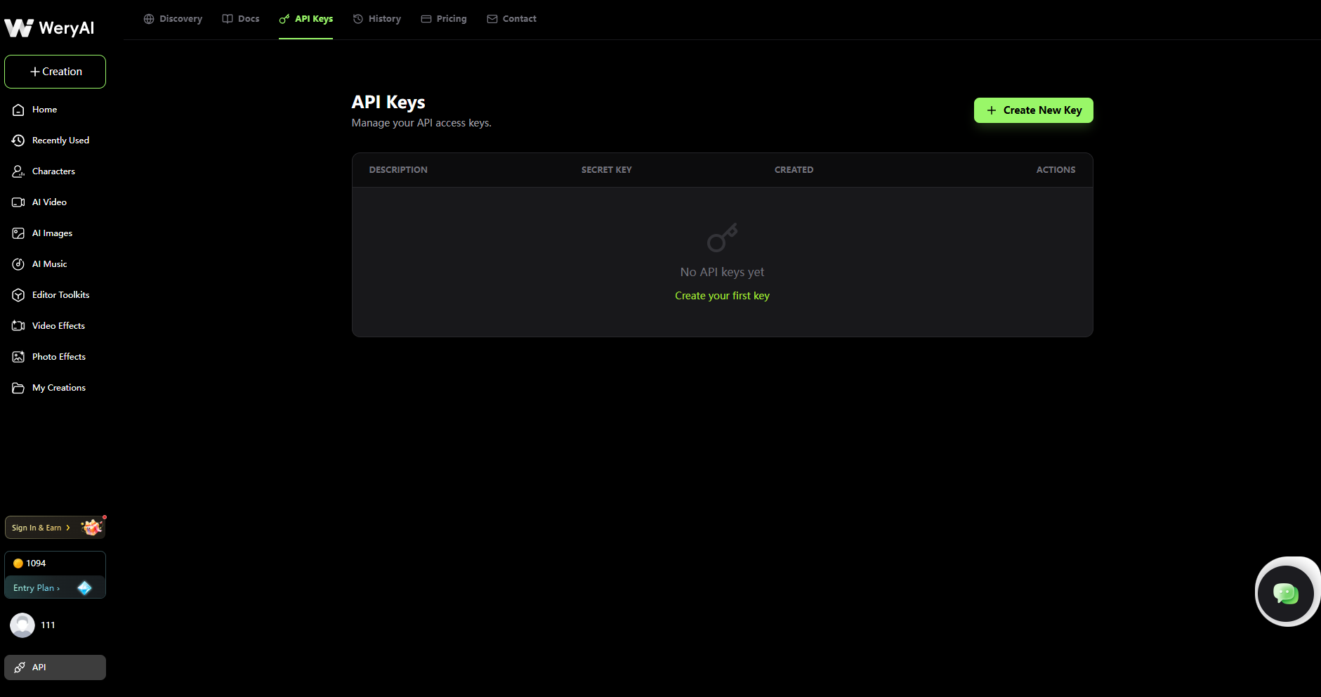 API Keys Management Page