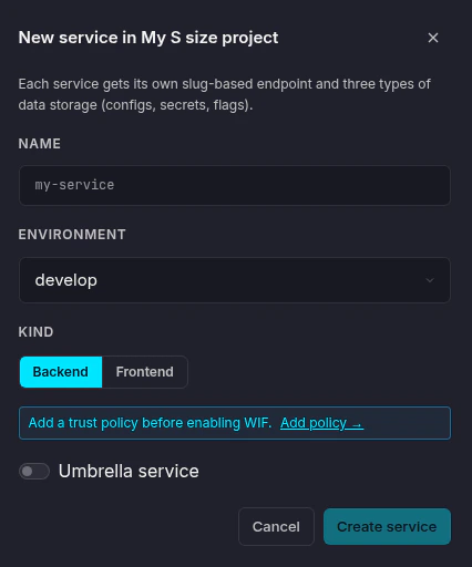 New backend service dialog