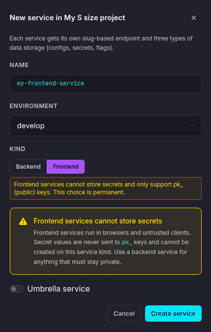 New frontend service dialog