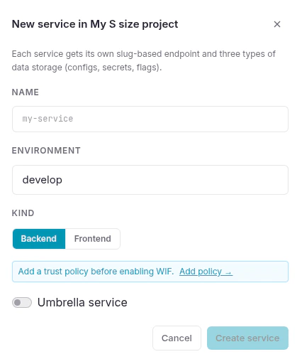 New backend service dialog