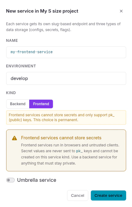 New frontend service dialog