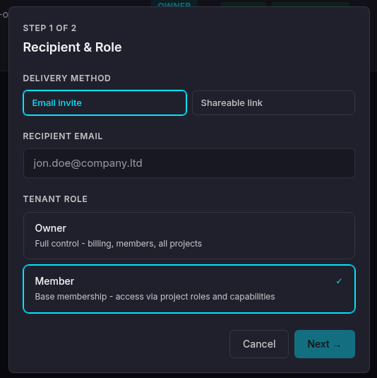 Invite wizard step 1 - recipient and role