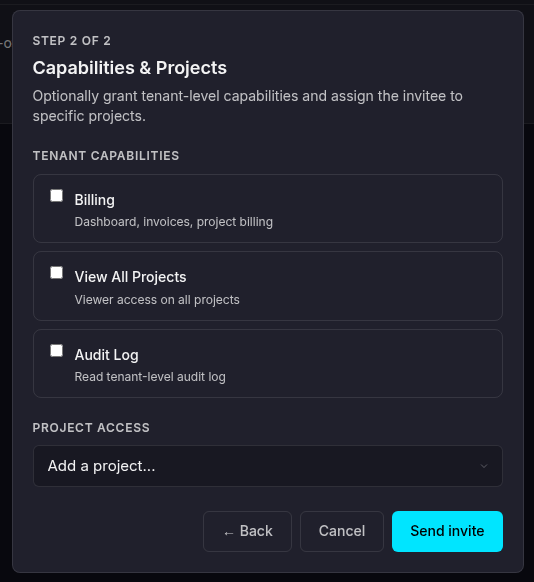 Invite wizard step 2 - capabilities and projects