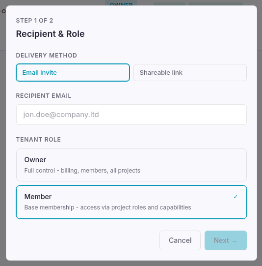 Invite wizard step 1 - recipient and role