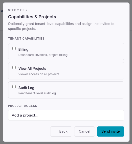 Invite wizard step 2 - capabilities and projects