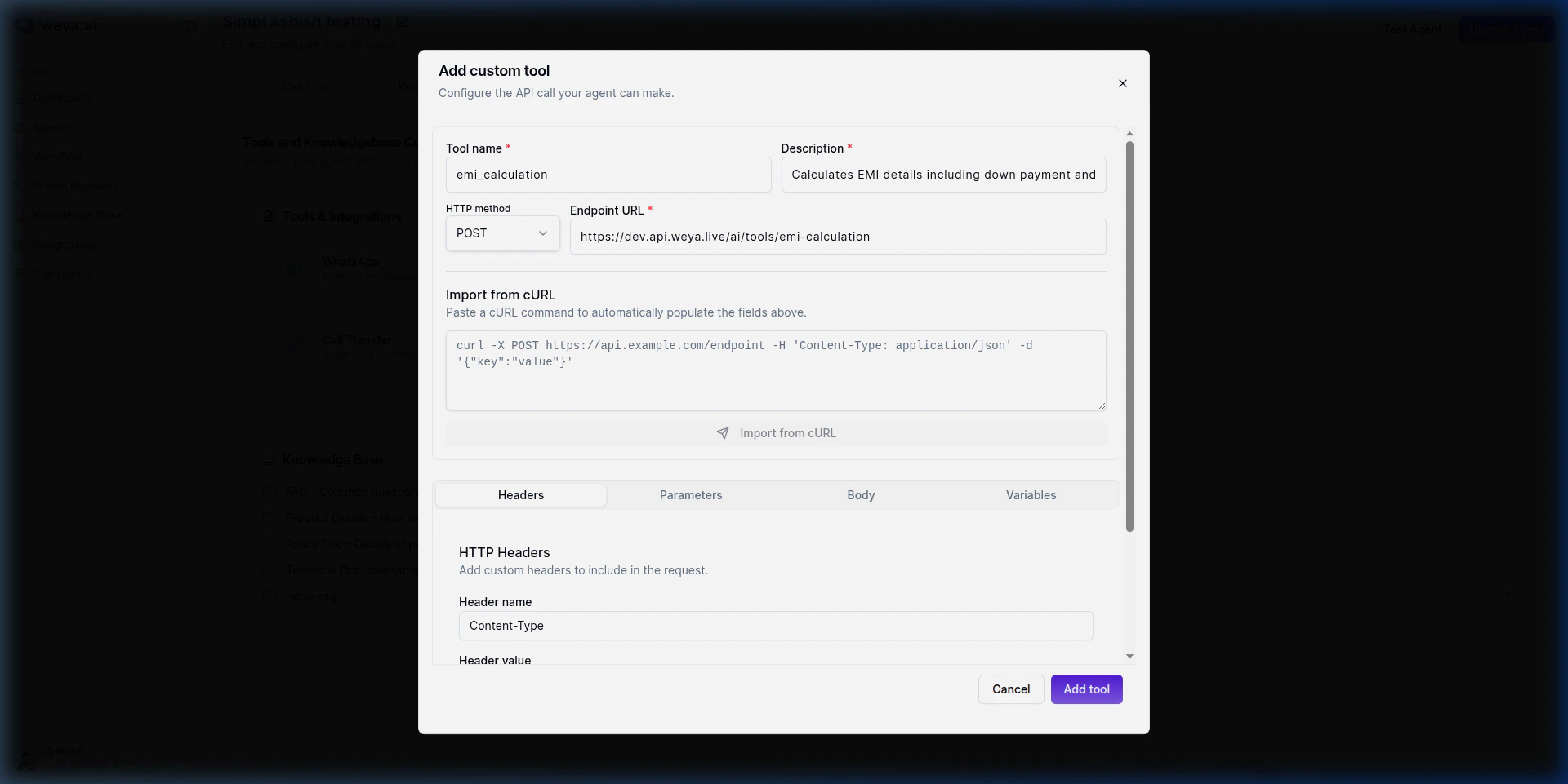 Custom tool headers configuration