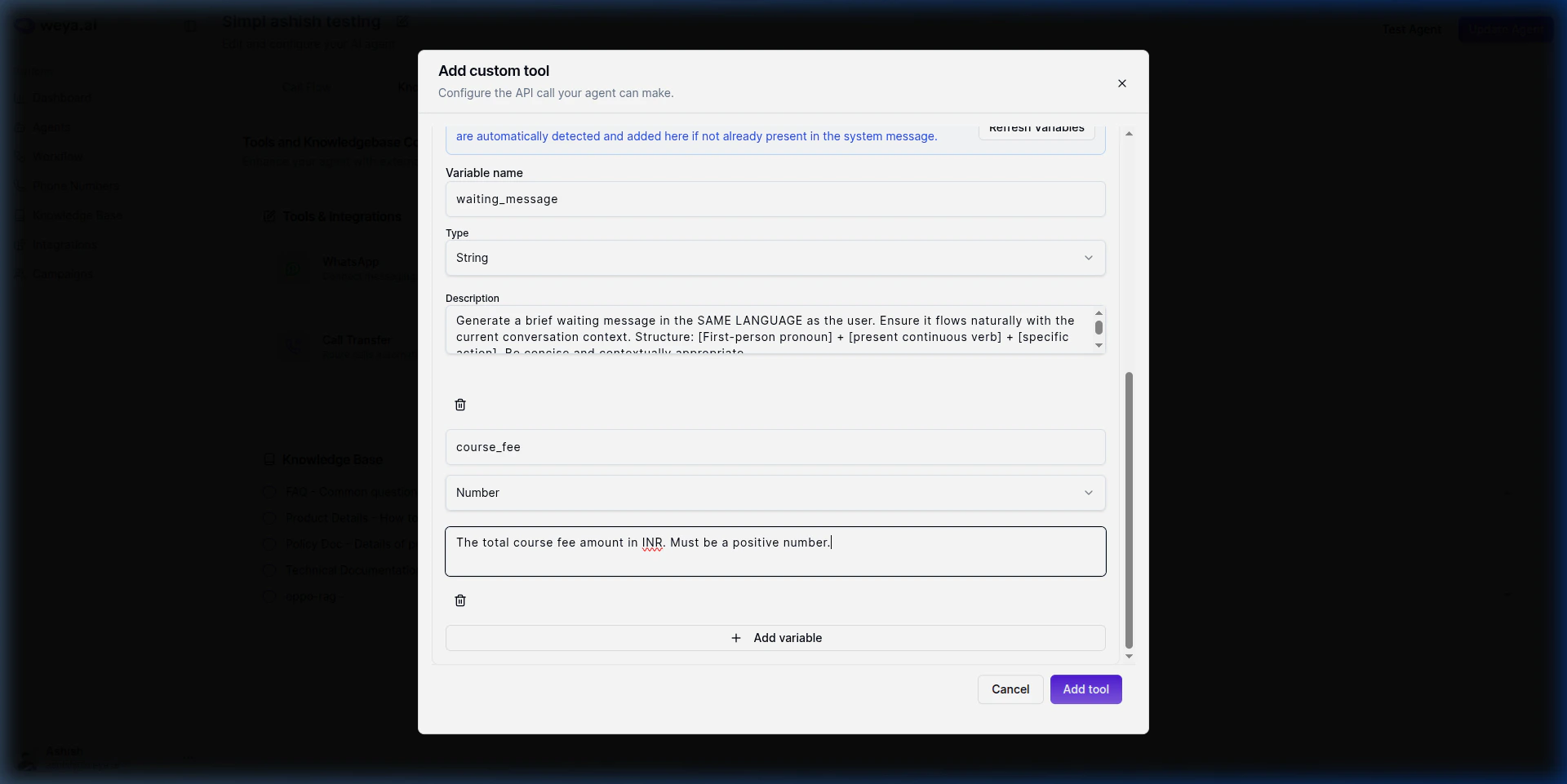 Custom tool variables configuration