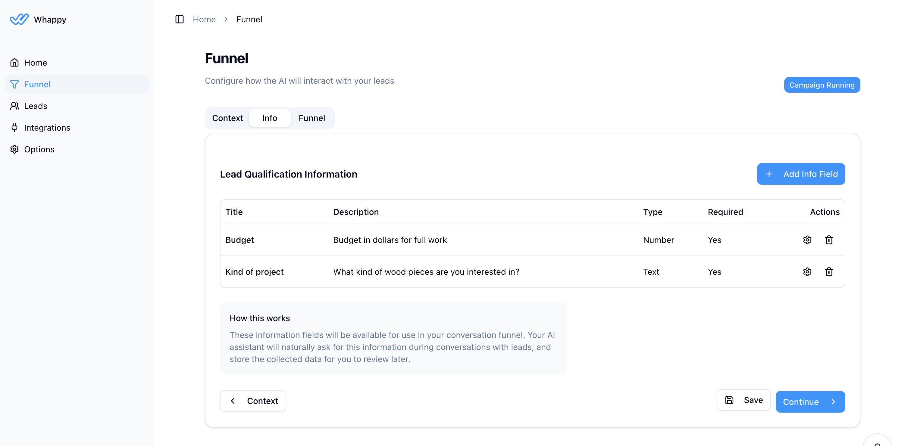 Defining lead information fields