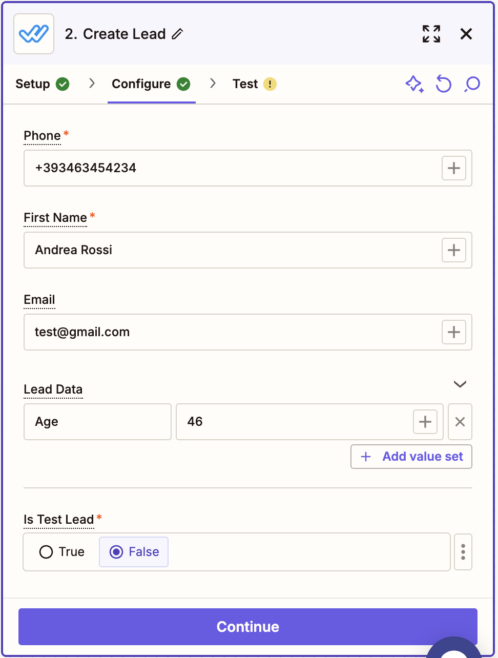 Configure lead data fields in Zapier action