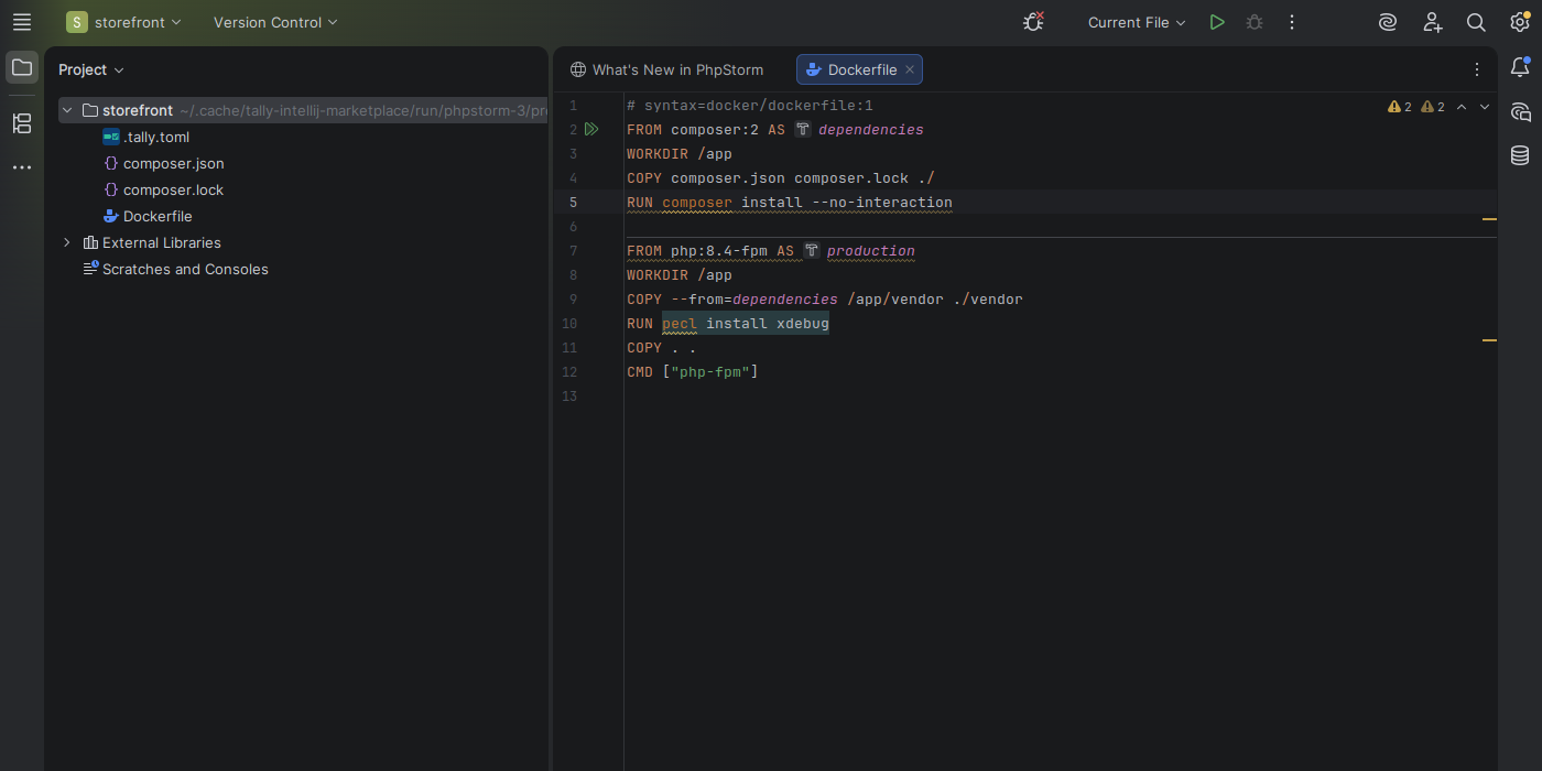 PhpStorm showing Tally diagnostics for Composer production dependencies, OPcache, Xdebug, and package cache mounts