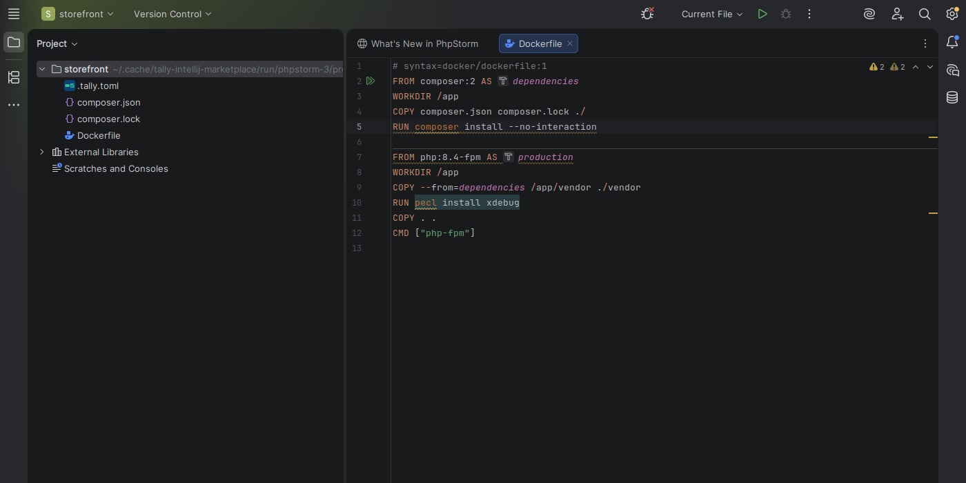 PhpStorm showing Tally diagnostics for Composer production dependencies, OPcache, Xdebug, and package cache mounts