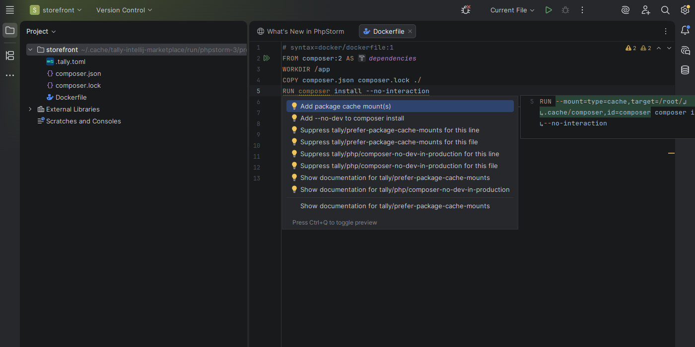 PhpStorm intention menu showing Tally quick fixes and documentation actions for PHP Dockerfile rules