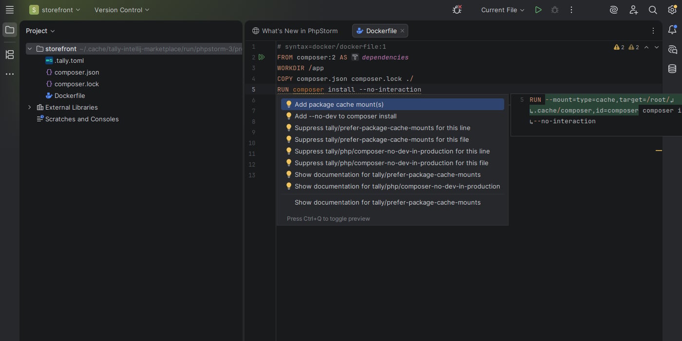 PhpStorm intention menu showing Tally quick fixes and documentation actions for PHP Dockerfile rules