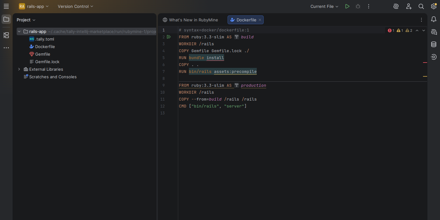 RubyMine showing Tally diagnostics for Bundler deployment mode, Rails asset compilation, health checks, and YJIT