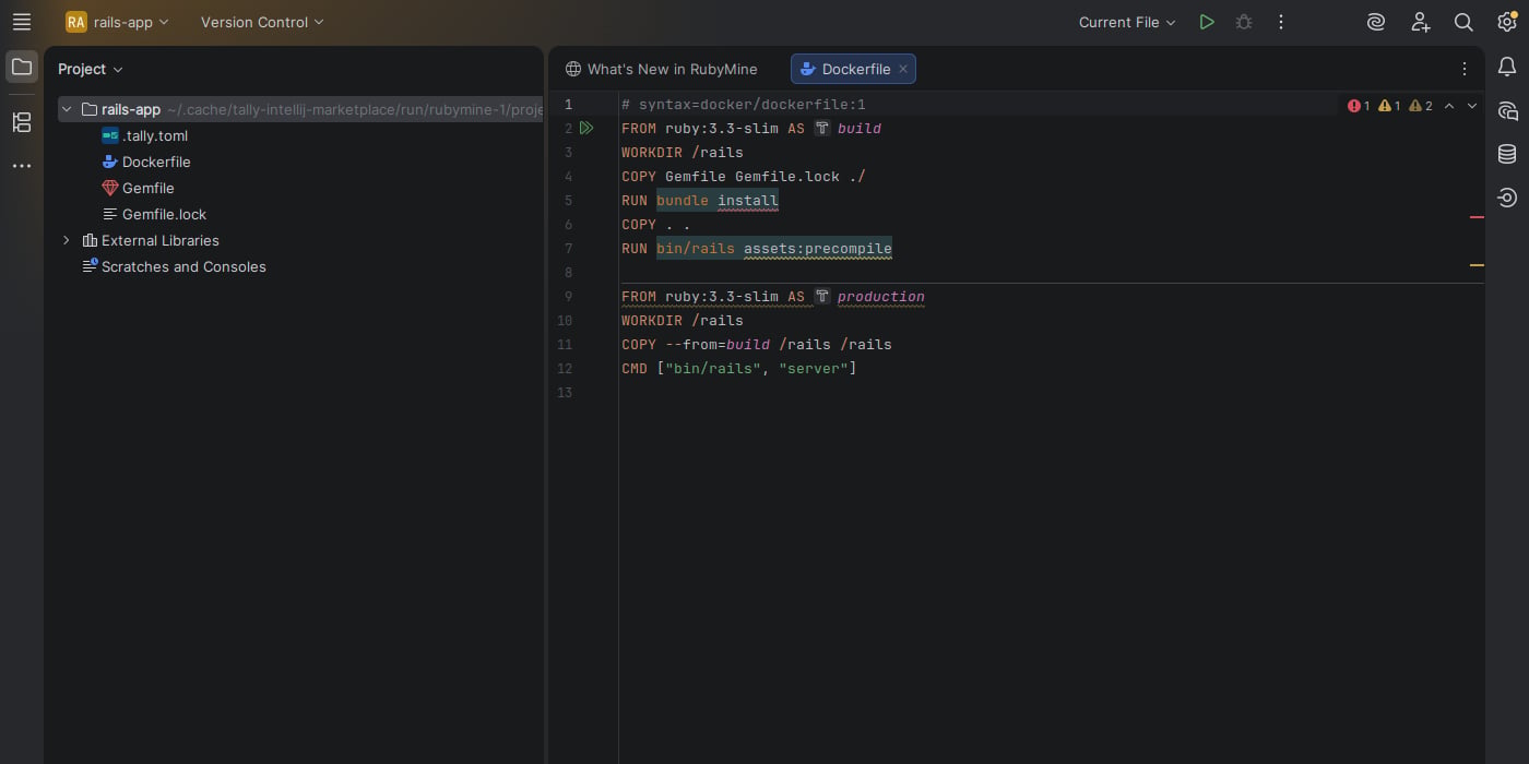 RubyMine showing Tally diagnostics for Bundler deployment mode, Rails asset compilation, health checks, and YJIT
