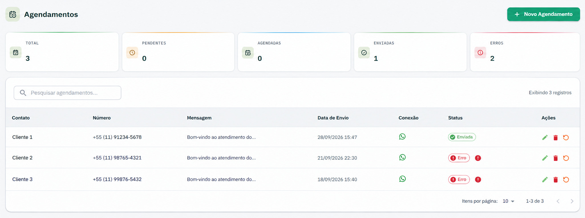 Tela de agendamentos de mensagens do Whatix