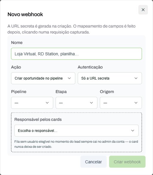 Janela Novo webhook com os campos Nome, Ação, Autenticação, Pipeline, Etapa, Origem e Responsável pelos cards