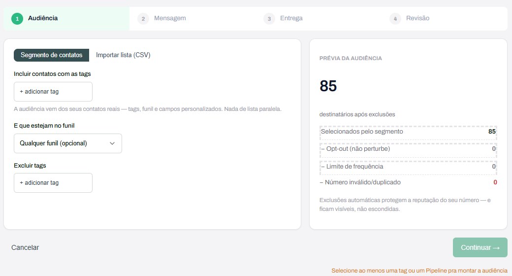 Etapa Audiência da nova campanha, com a seleção de contatos por tags e funil e a prévia da audiência com as exclusões