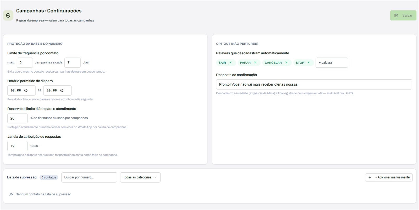 Tela Campanhas · Configurações com as regras de proteção da base e do número, as palavras de opt-out e a lista de supressão