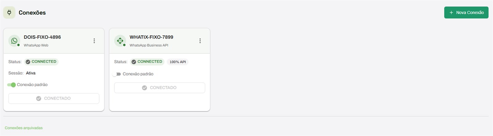 Tela Conexões com os cards de uma conexão WhatsApp Web e de uma WhatsApp Business API, o botão Nova Conexão e o link Conexões arquivadas