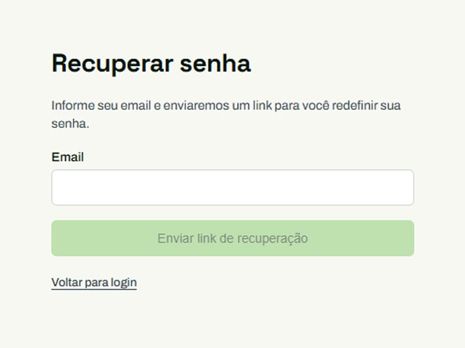 Tela Recuperar senha com o campo Email, o botão Enviar link de recuperação e o link Voltar para login