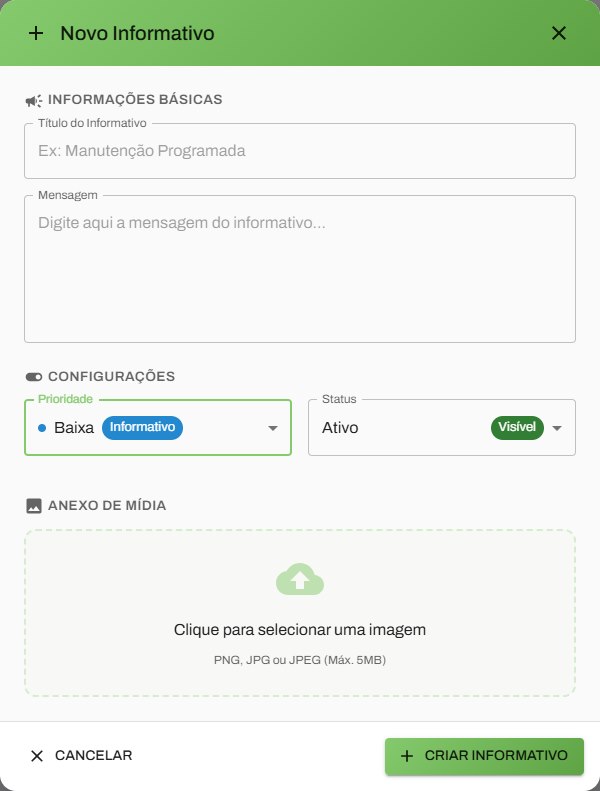 Janela Novo Informativo com os campos Título, Mensagem, Prioridade, Status e Anexo de mídia