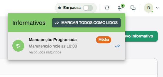 Lista de informativos aberta pelo ícone de avisos no topo do sistema, com o botão Marcar todos como lidos