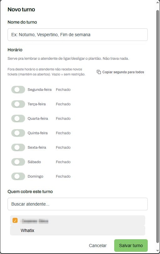 Janela Novo turno com o nome do turno, os horários de cada dia da semana e a lista de atendentes que cobrem o turno