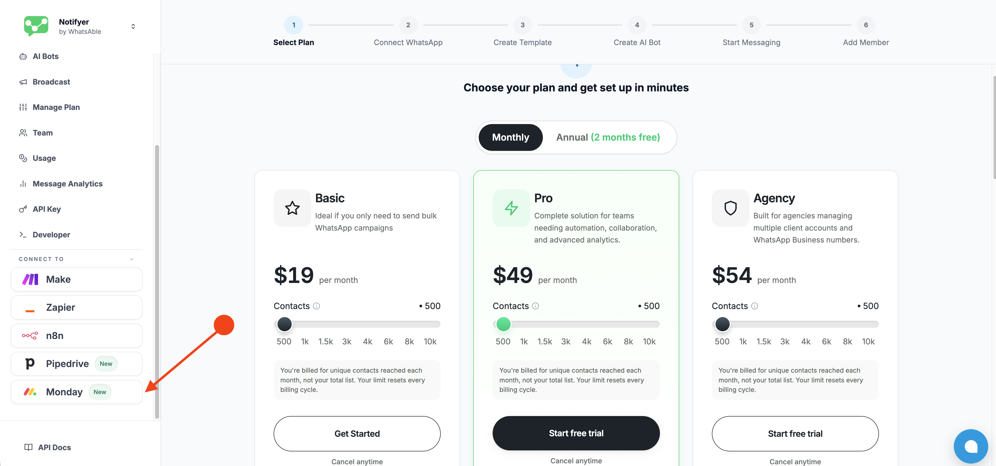 Monday option in the Notifyer sidebar under Connect To