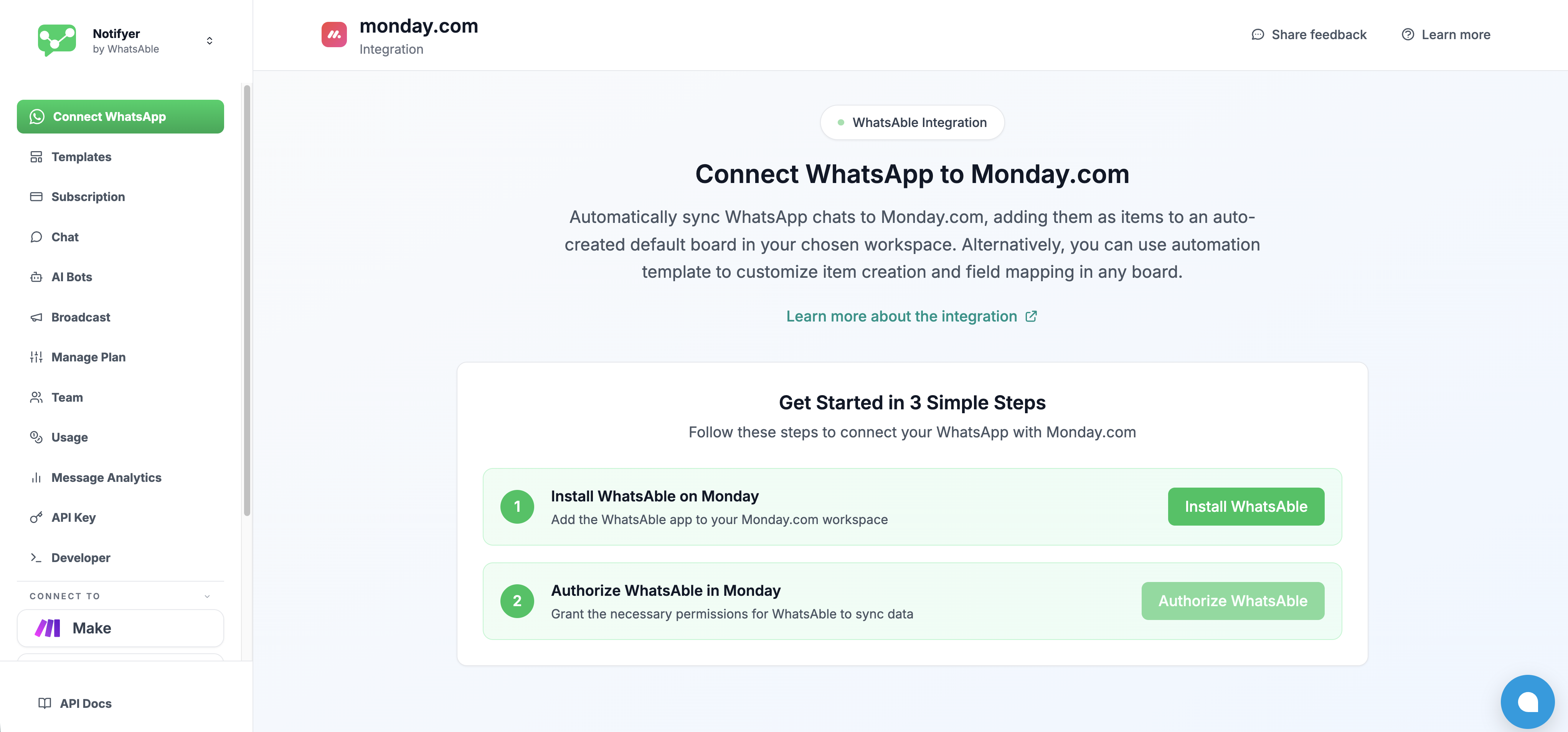 Install WhatsAble button on the Monday integration page