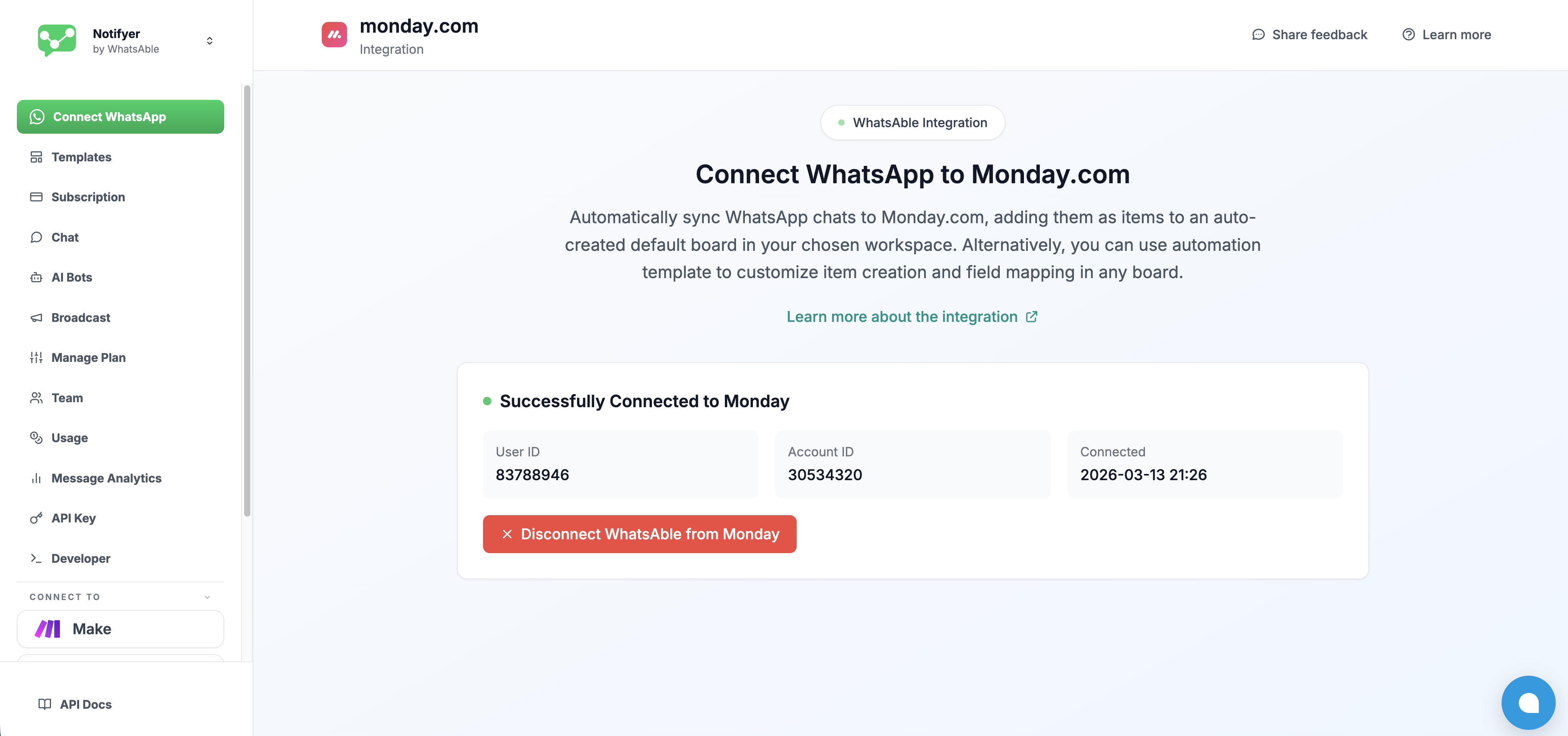 Successfully Connected to Monday confirmation screen