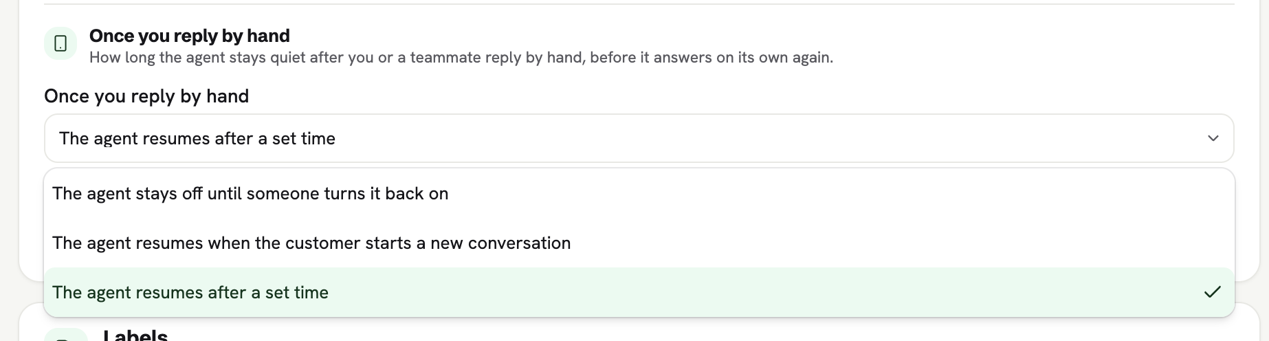 WhatsAble setting Once you reply by hand with three resume options in the dropdown