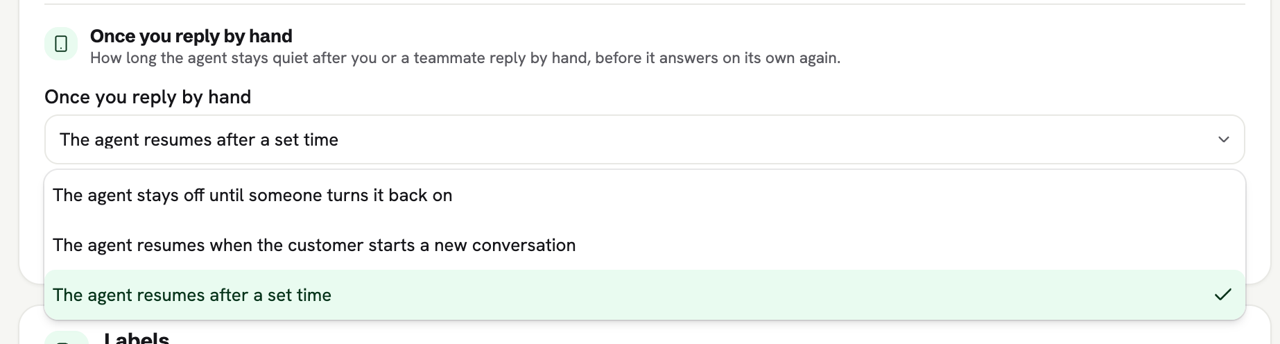 Whatsable setting Once you reply by hand with three resume options in the dropdown