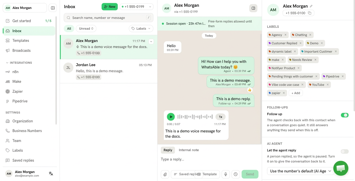 WhatsAble inbox with an open thread, contact labels, and the Let the agent reply toggle in the contact panel