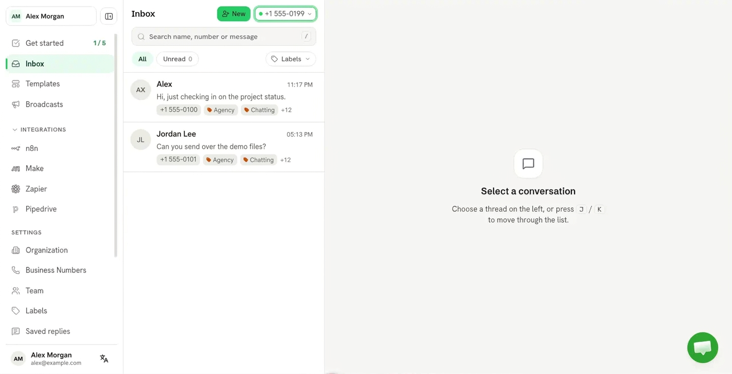 WhatsAble left-side menu with Inbox selected and the conversation list, number filter, and label filters visible