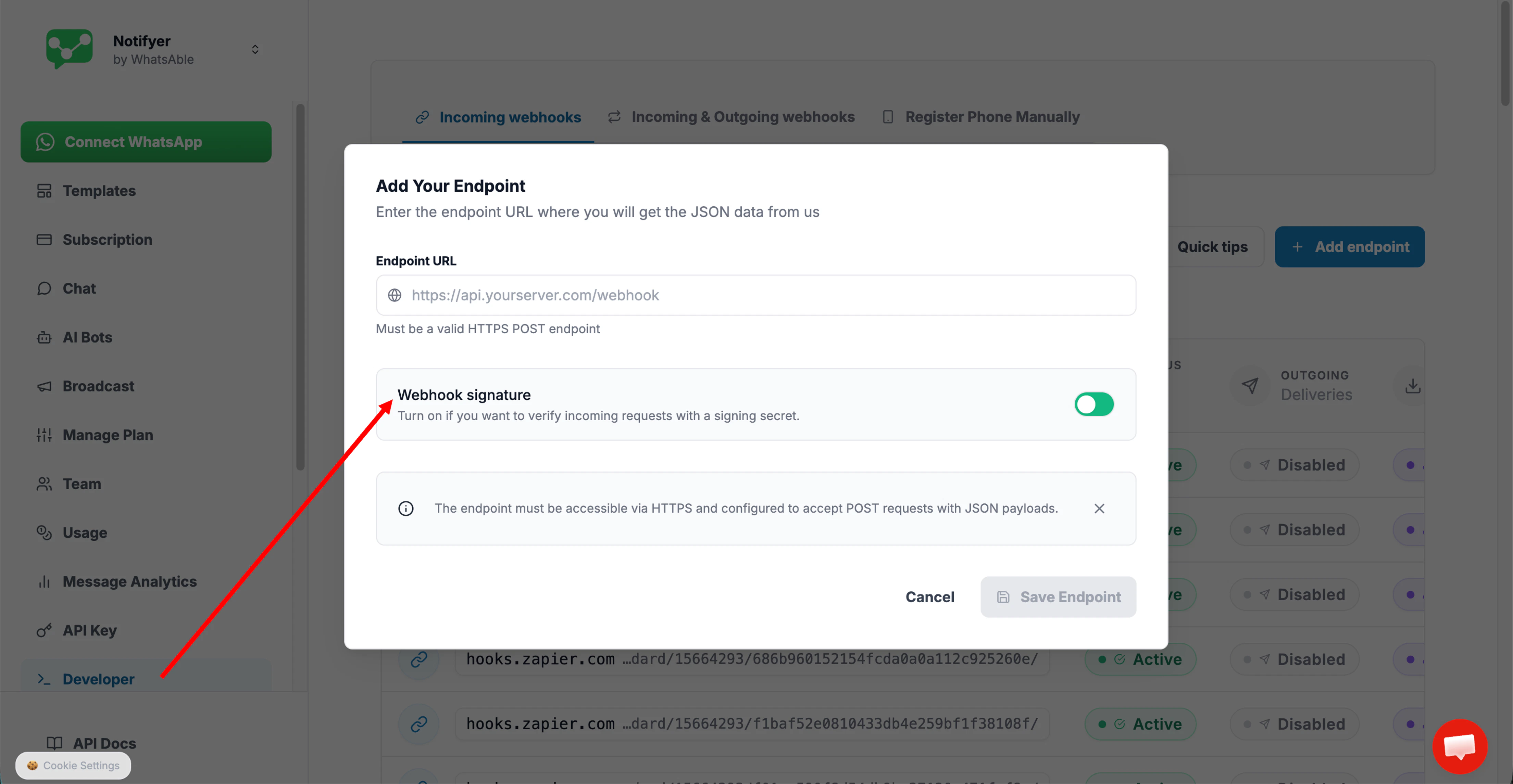 Webhook signature toggle in the Add Endpoint dialog